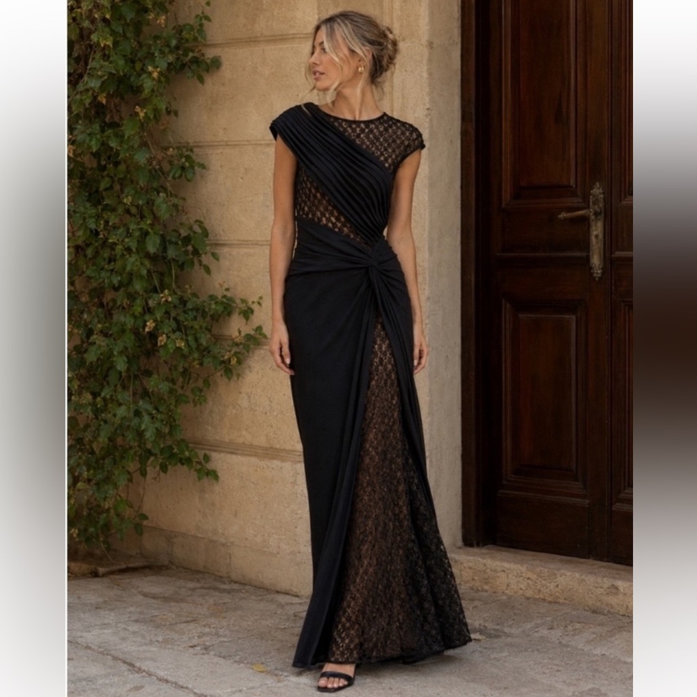 Tadashi Shoji Jetta Peek a Boo Illusion Gown Black Cap Sleeve Maxi Dress large